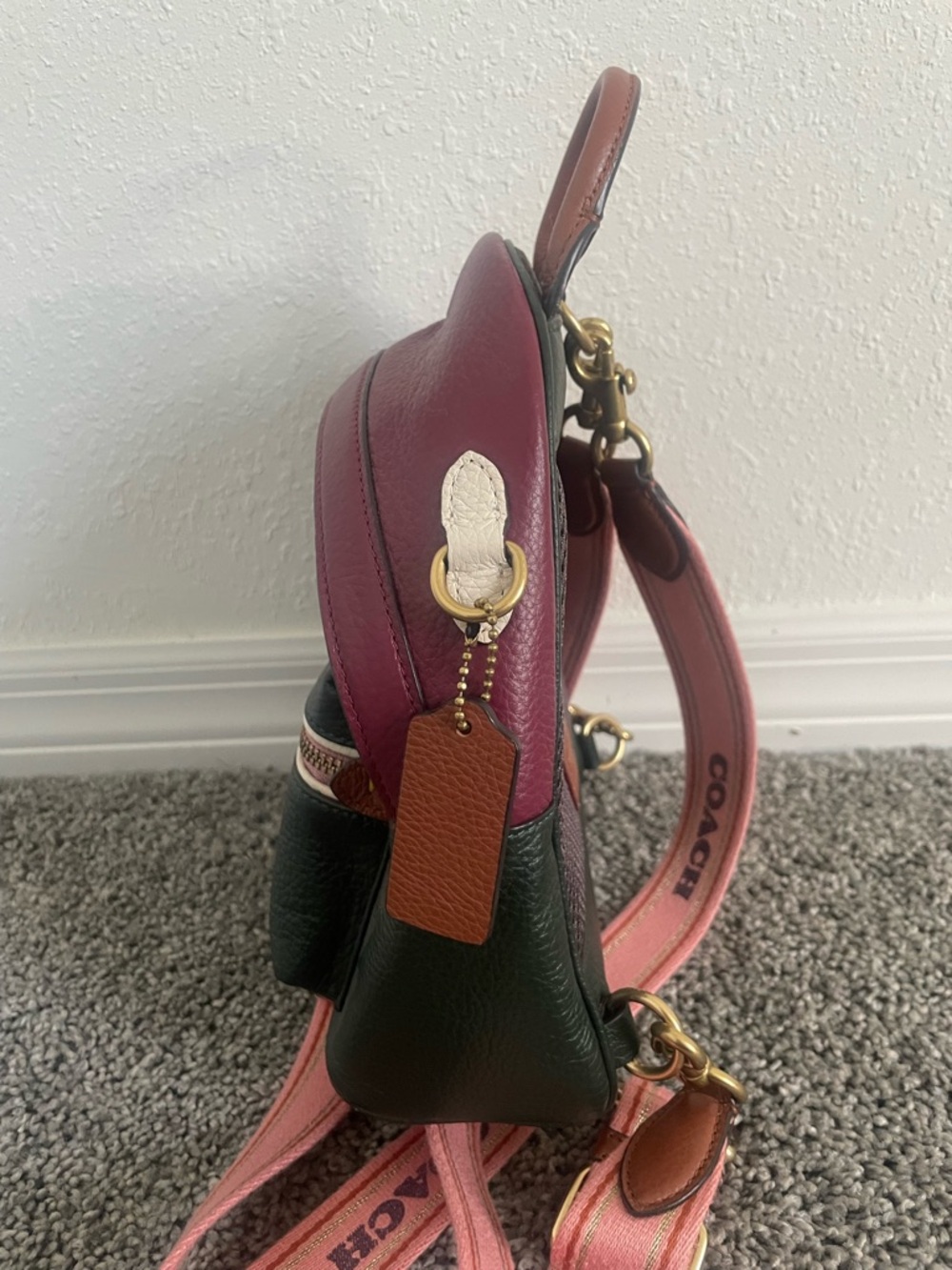 Coach Mini Backpack in Dark Green, Berry and Pink Strap - Picture 3 of 8